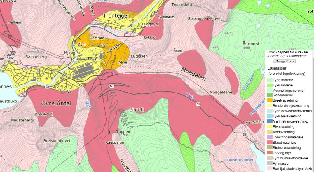 Kapittel 2 Figur 2-6: Løsmassekart over området (NGU, 2016c). BERGSPENNINGER Det er ikke foretatt noen bergspenningsmålinger i forbindelse med byggingen av Holsbru kraftverk.