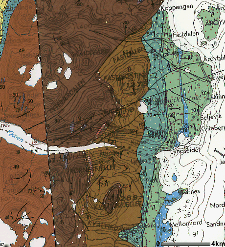 Bergrunnskart Tegnforklaring Gabbro Amfibolitt Fyllitt / glimmerskifer Glimmerskifer / glimmergneis Dolomitt Figur 6. Utsnitt av berggrunnskart for Lyngen (www.ngu.no) 3.