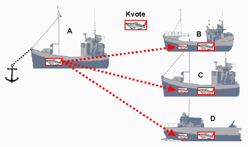 tredje kan kvoten fra ett fartøy fordeles på flere andre fartøy, for å supplere driftsgrunnlaget for disse: Figur 6 Driftsordningen ved overføring av kvote til flere fartøy Utveksling kan bare finne