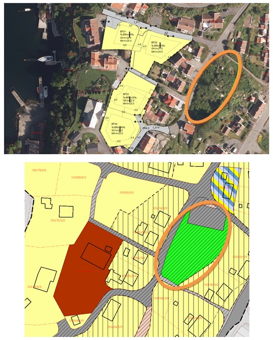 Arealet som i dag benyttes til lek er regulert til felles parkering i gjeldende plan (figur 6). Alvøen Eiendommer AS (forslagsstiller) står som eier av arealet.
