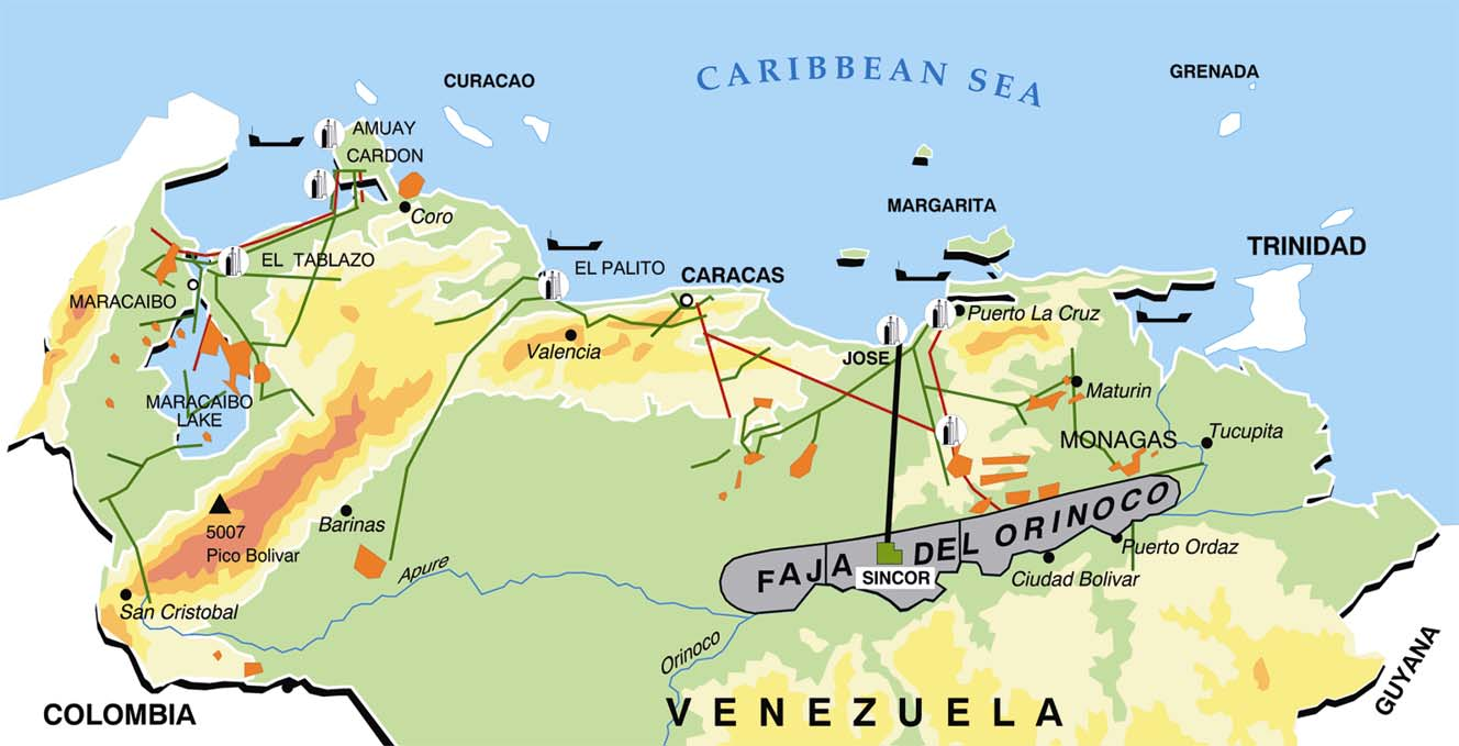 Bilde 2: Kart over kysten av Venezuela og som viser område med tungolje (grått).