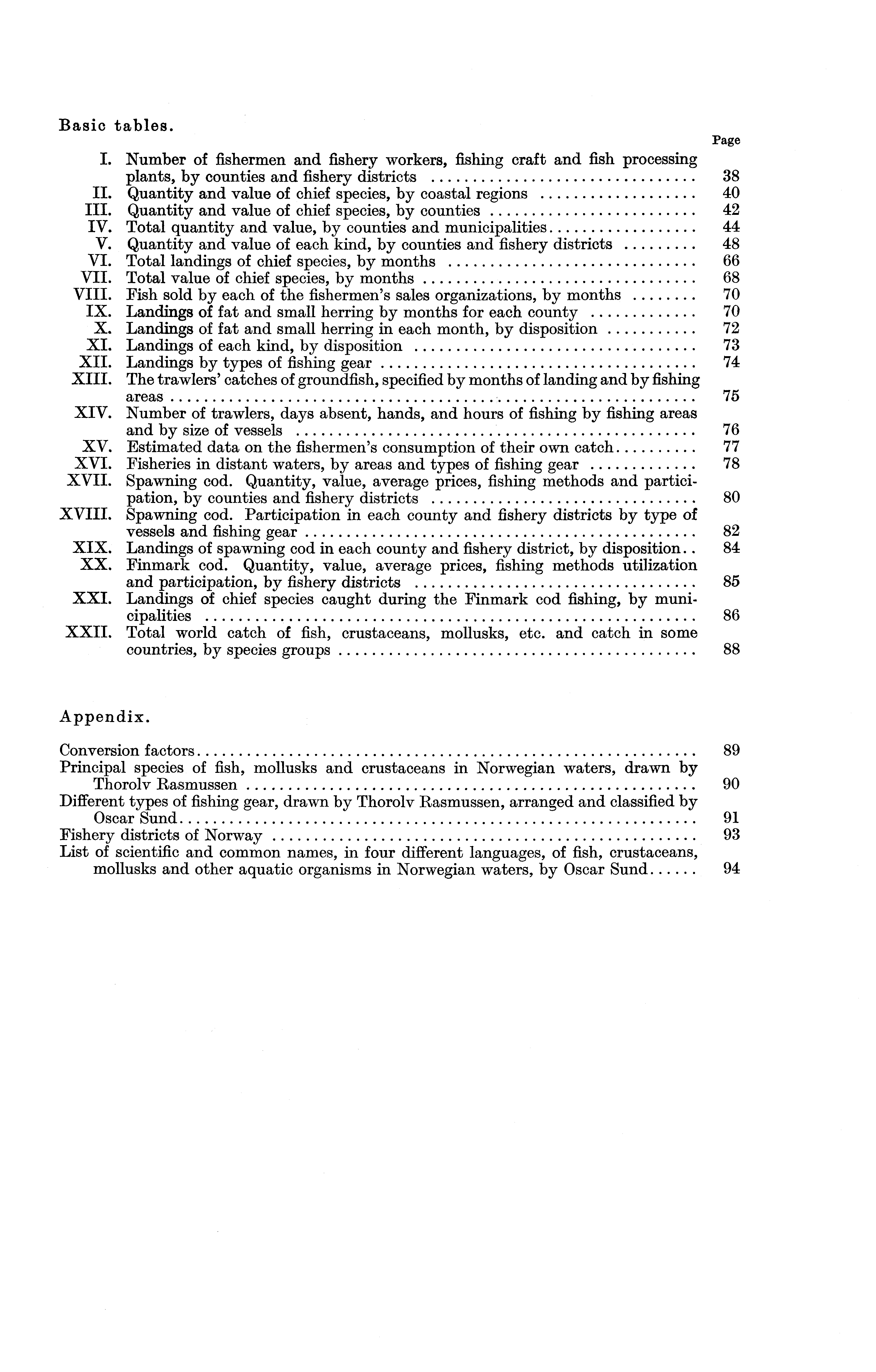 Basic tables. I. Number of fishermen and fishery workers, fishing craft and fish processing plants, by counties and fishery districts 38 II.