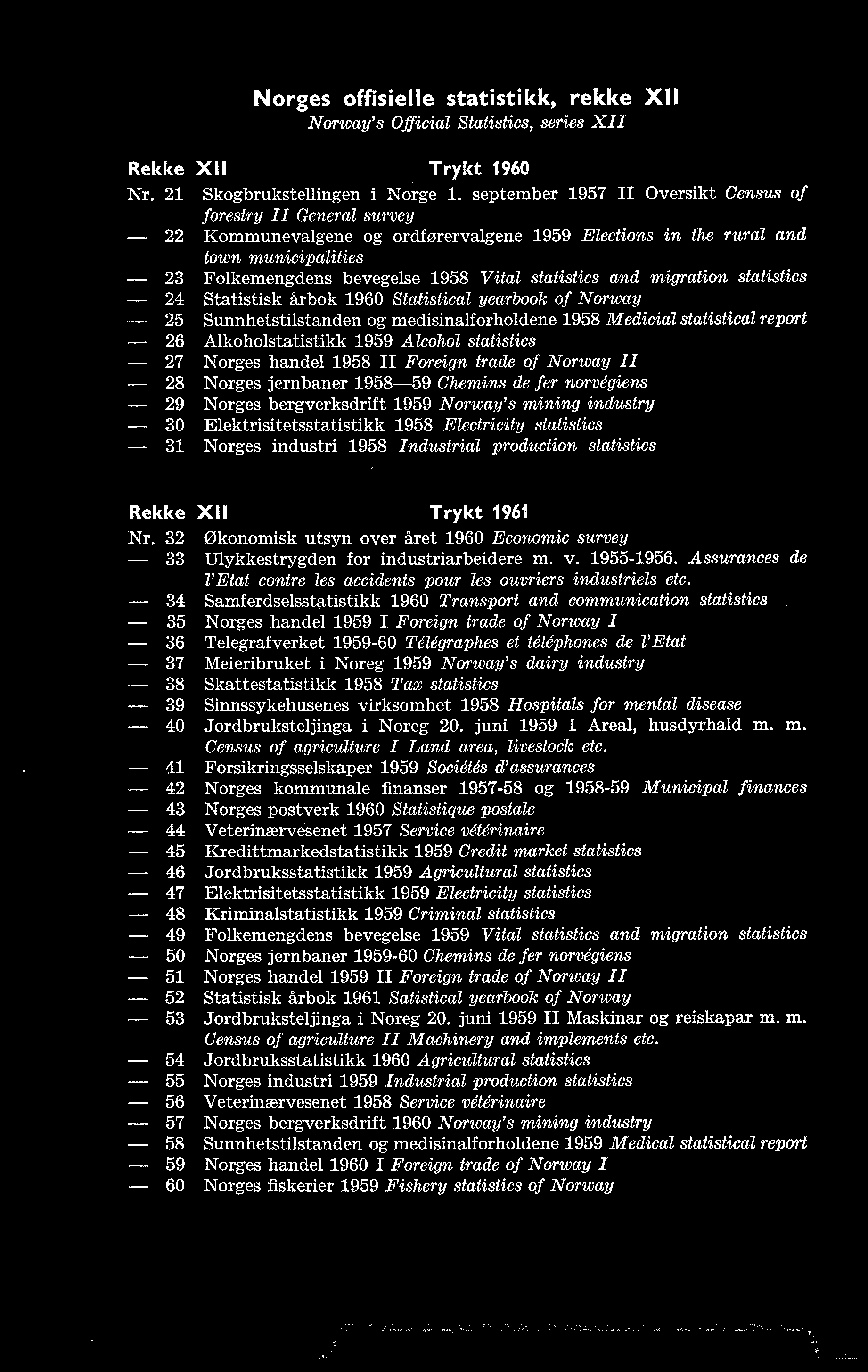 Elektrisitetsstatistikk 1958 Electricity statistics 31 Norges industri 1958 Industrial production statistics Rekke XII Trykt 1961 Nr.
