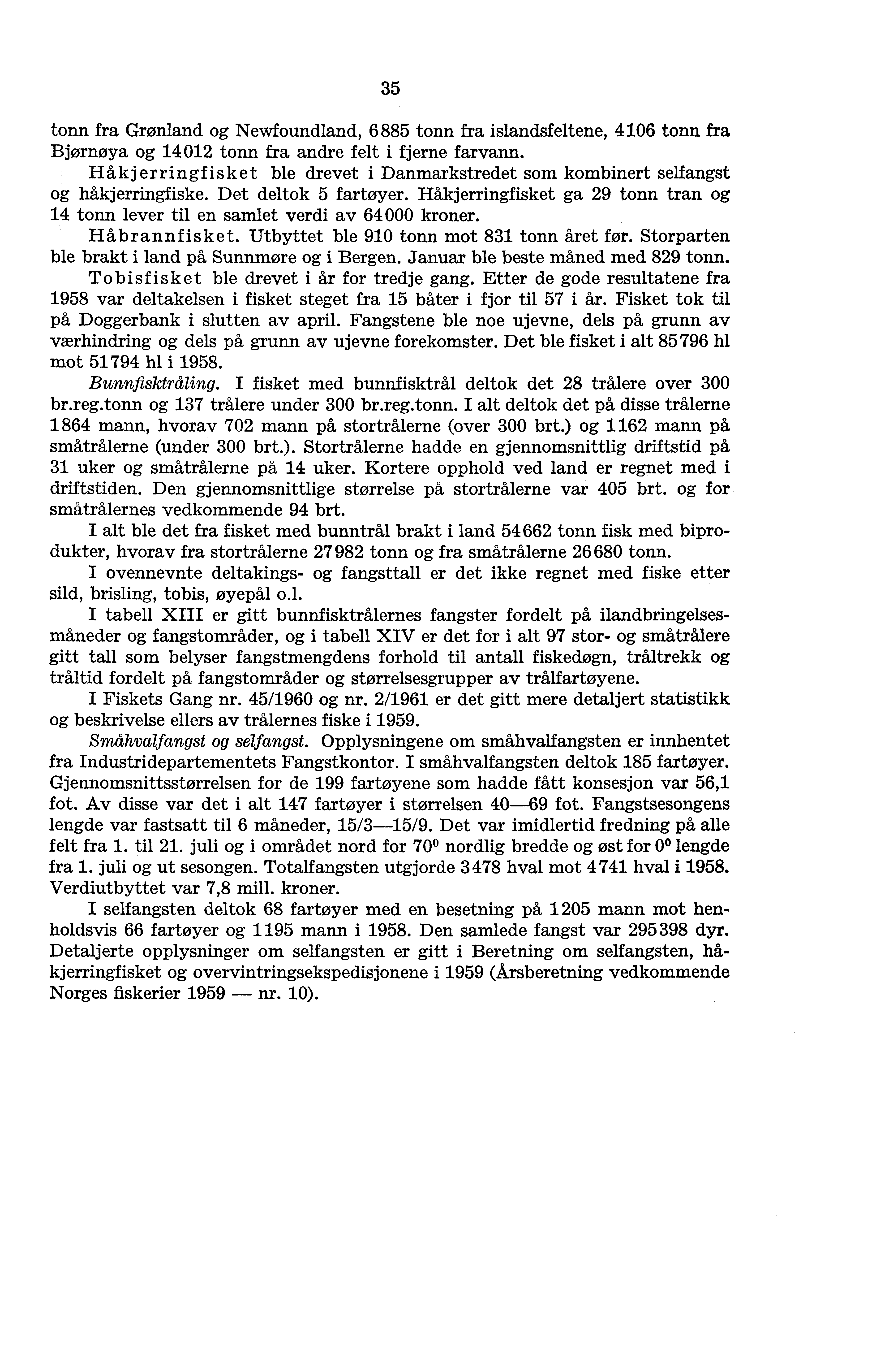 35 tonn fra Grønland og Newfoundland, 6 885 tonn fra islandsfeltene, 4 106 tonn fra Bjørnøya og 14 012 tonn fra andre felt i fjerne farvann.