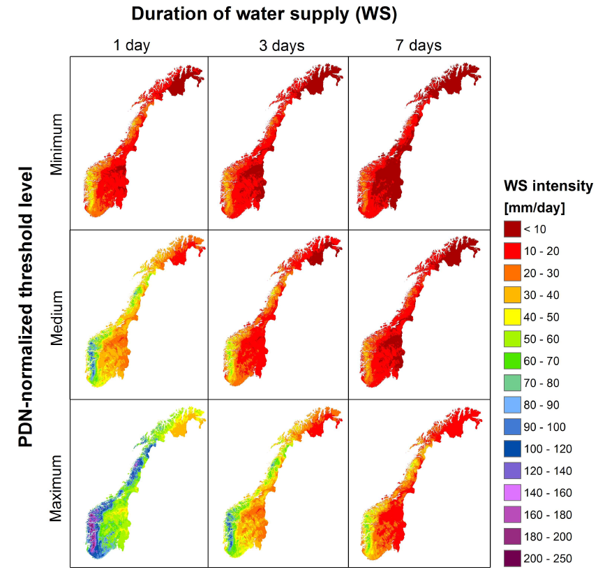 Susceptibilitet Terskelverdier for flomskred (Meyer et al. 2012) Statistisk analyse av 502 flomskredhendelser 0.55 I MAX = (8.66* D )* PDN 0.51 I MED = (4.51* D )* PDN 0.24 I MIN = (2.