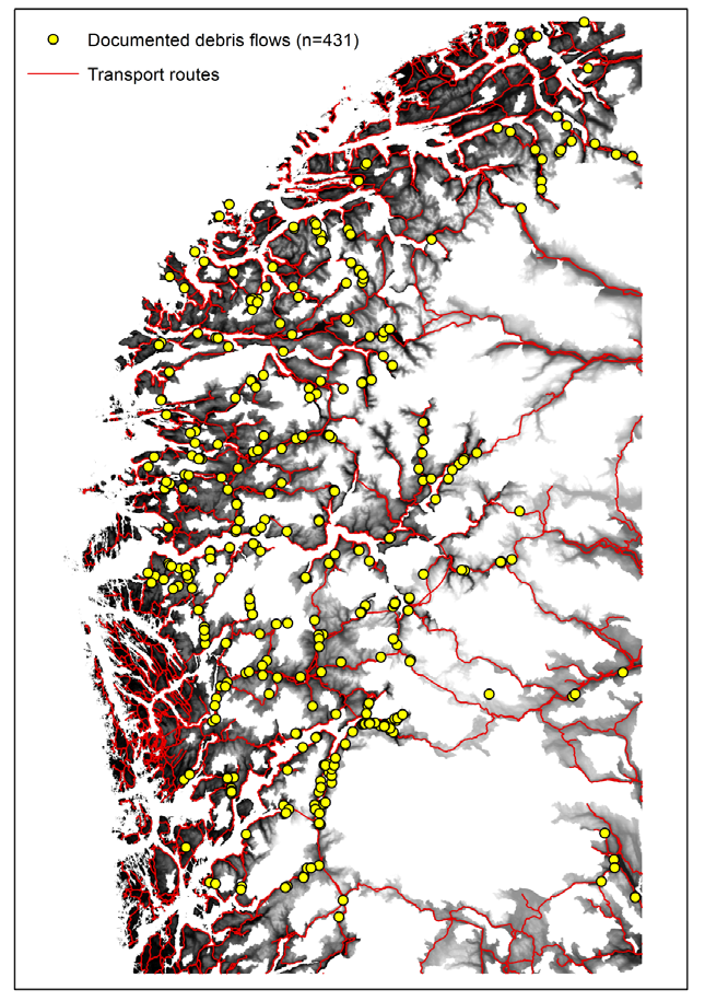 terrain attributes for debris flow initiation locations: elevation, slope, aspect, curvature and flow