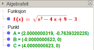 Oppgave 5.33 En funksjon f er gitt ved f(x) = x 2 4x + 9 3 a) Tegn grafen til f digitalt. I GeoGebra : (Alt + R) i GeoGebra = b) Finn ekstremalpunktet digitalt.
