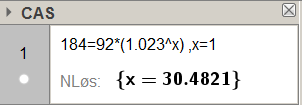 d) Finn ut fra grafen når folketallet er fordoblet. Fordobling av folketallet: 92 millioner 2 = 184 millioner I GeoGebra :. Lager punktet A med.. Fordobling om 30,48 år.