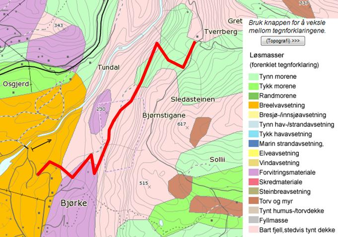 SKREDFAREVURDERING FOR NY LANDBRUKSVEG, SKJERVET-TVEBERG, VOSS KOMMUNE 6 Der vegtraséen går i terreng som er potensielt skredutsett er det stort sett bart fjell med noko tynt lausmassedekke (Fig. 4).