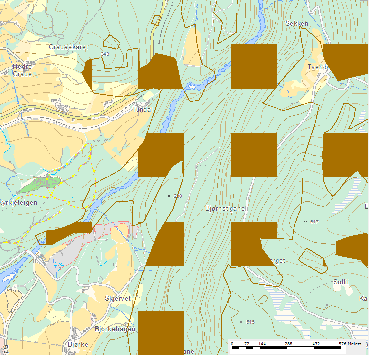 SKREDFAREVURDERING FOR NY LANDBRUKSVEG, SKJERVET-TVEBERG, VOSS KOMMUNE 3 3 Grunnlag Området som er regulert for skytebane (bygg og anlegg) ligg utanfor aktsemdsområda i NGI sine aktsemdskart for snø-