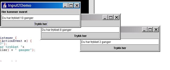 Når vi klikker på de ulike vinduene 25 KeyListener Metoder i grensenittet: char getkeychar() Returns the character associated with the key in this event.