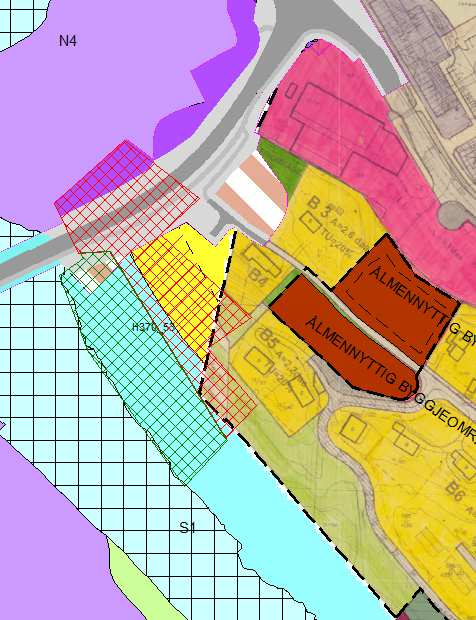 Framlegg til nytt arealføremål: Konsentrert bustad i form av lågblokker og friluftsområde mot sjø.