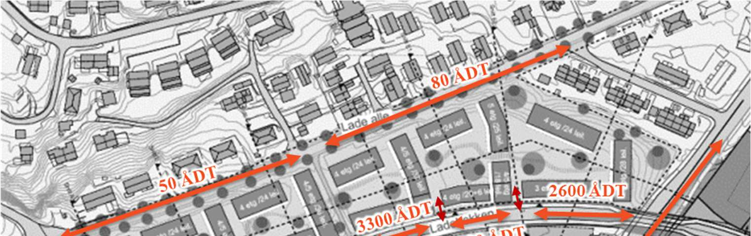 DETALJREGULERING AV NYHAVNA ØVRE - TRAFIKKANALYSE 9/15 Figur 4-3 Trafikkfordeling (kjt/døgn) 2027 Dagens andel tungtrafikk er estimert til 10 %.