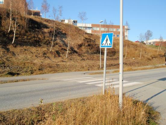 Figur 33 Gangfelt over Mørkvedveien, sett fra syd Mørkvedveien er cirka 6,5 meter bred der gangfeltet ligger, og det er dermed ikke behov for trafikkøy.