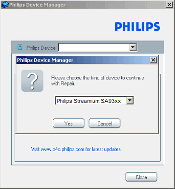 Philips Device Manager. Velg fanen Reparasjon.