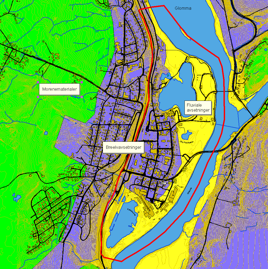 Materialtype Jordarter Modell-lag Overflatevann - 1 Virtuelt lag Fluviale avsetninger (Nedre terrasse) Glasifluviale avsetninger (Øvre terrasse) Siltig sand