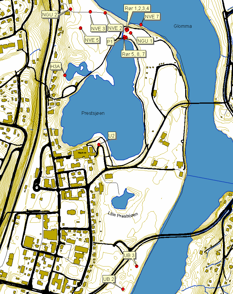 Figur 13. Oversiktskart over tilgjengelige observasjonsbrønner i Rena.