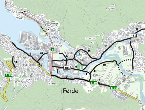 Sogn og Fjordane Førdepakken Føremål: Bidra til ei god sentrumsutvikling i Førde 20 tiltak 1650 mill. 2015-kr Utlysing av tiltak 2017/18: Rv. 5 Bergumkrysset E39 Askvollkrysset/fv.