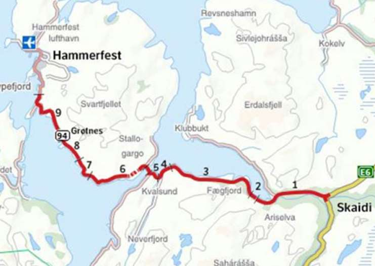 Riksveg 94 Skaidi-Hammerfest Prioritering og kostnader gjenstående parseller Prioritet 1: Grøtnes Rypefjord kostnad 816 mill kroner Prioritet