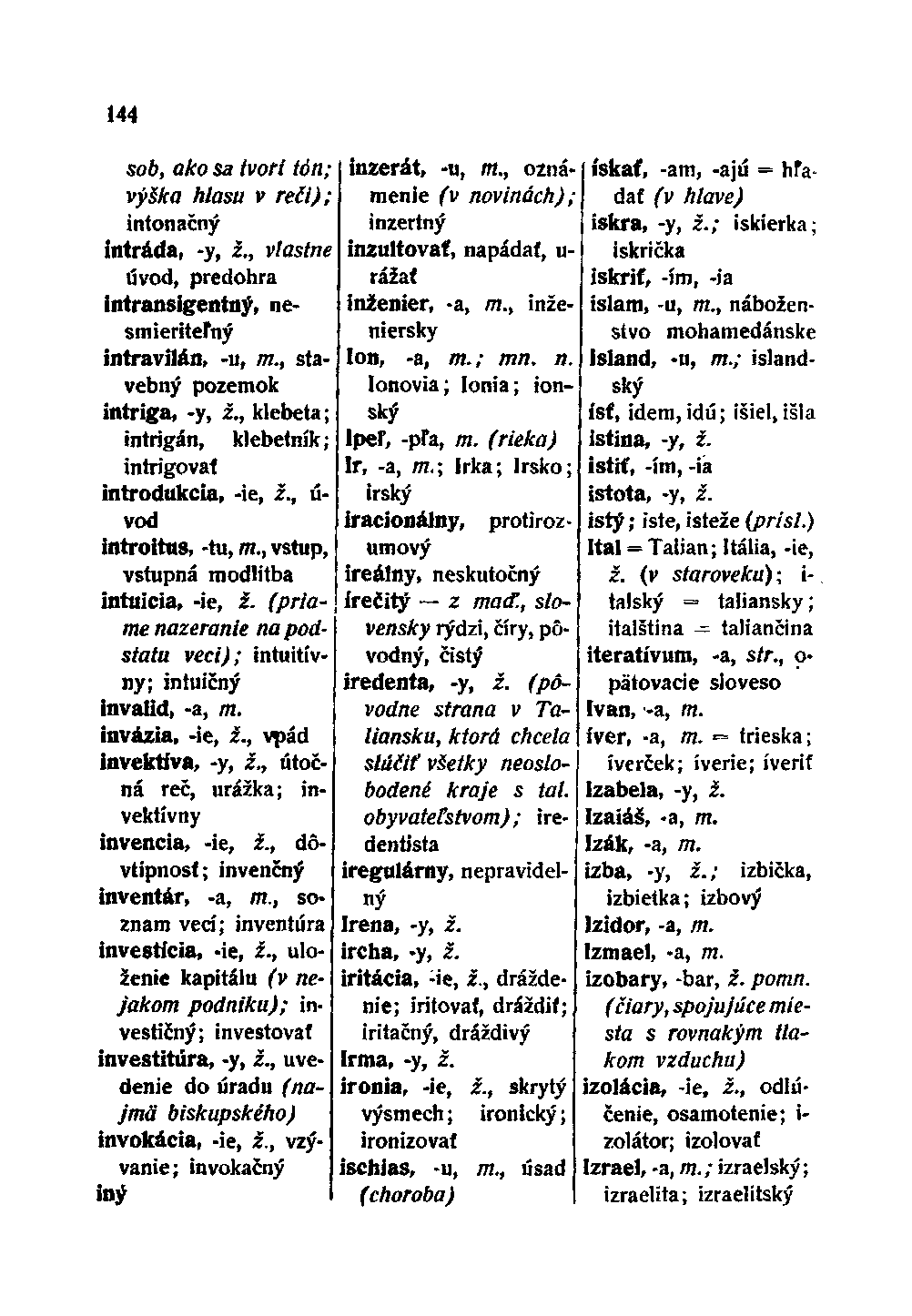 144 sob, ako sa tvorí tón; výška hlasu v reči); intonačný intráda, -y, ž., vlastne úvod, predohra intransigentný, nesmieriteľný intravilán, -u, m., stavebný pozemok intriga, -y, ž.