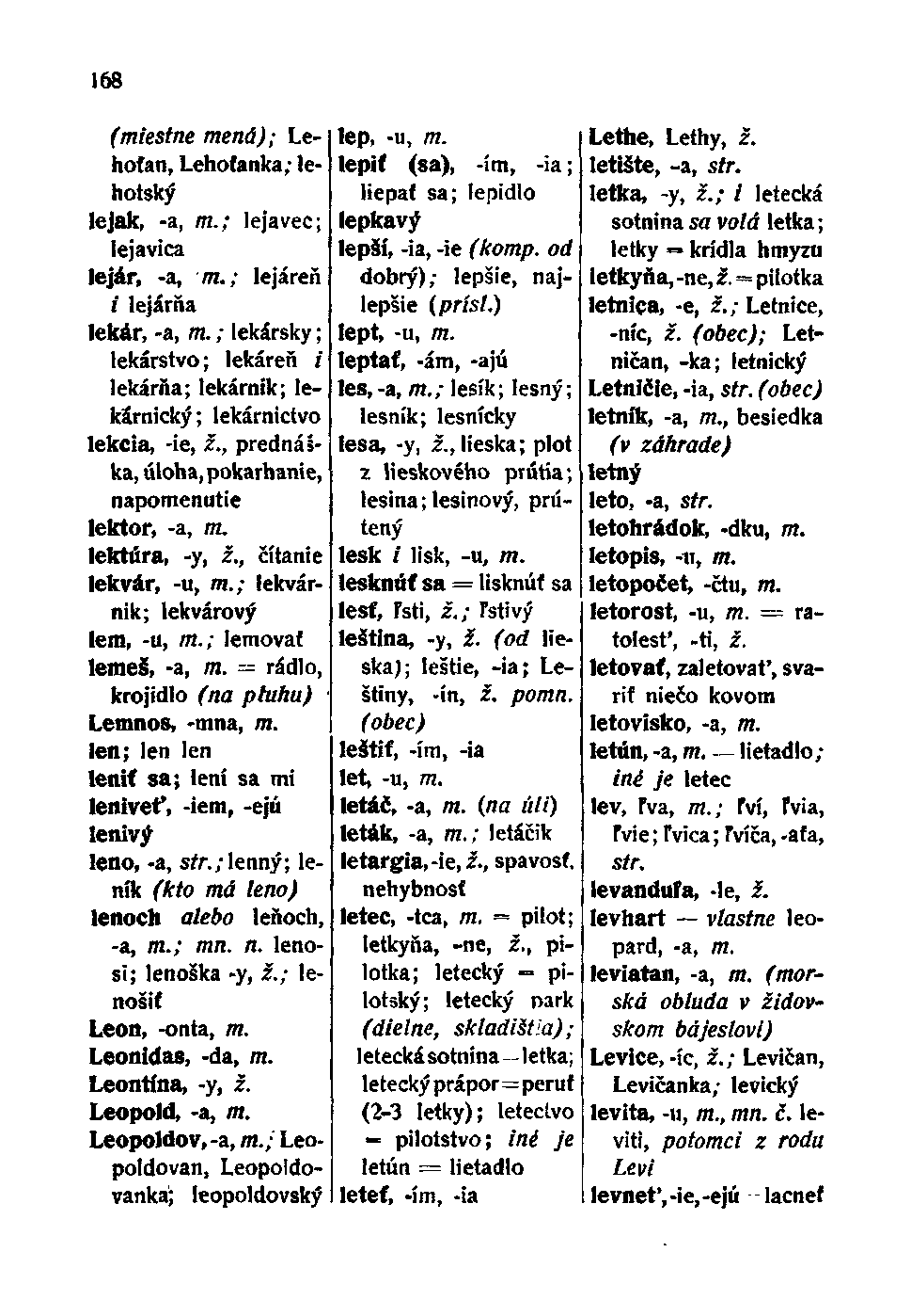 168 (miestne mená); Lehoťan, Lehoťanka; lehotský lejak, -a, m.; leja vec; lejavica lejár, -a, m.; lejáreň / lejárňa lekár, -a, m.