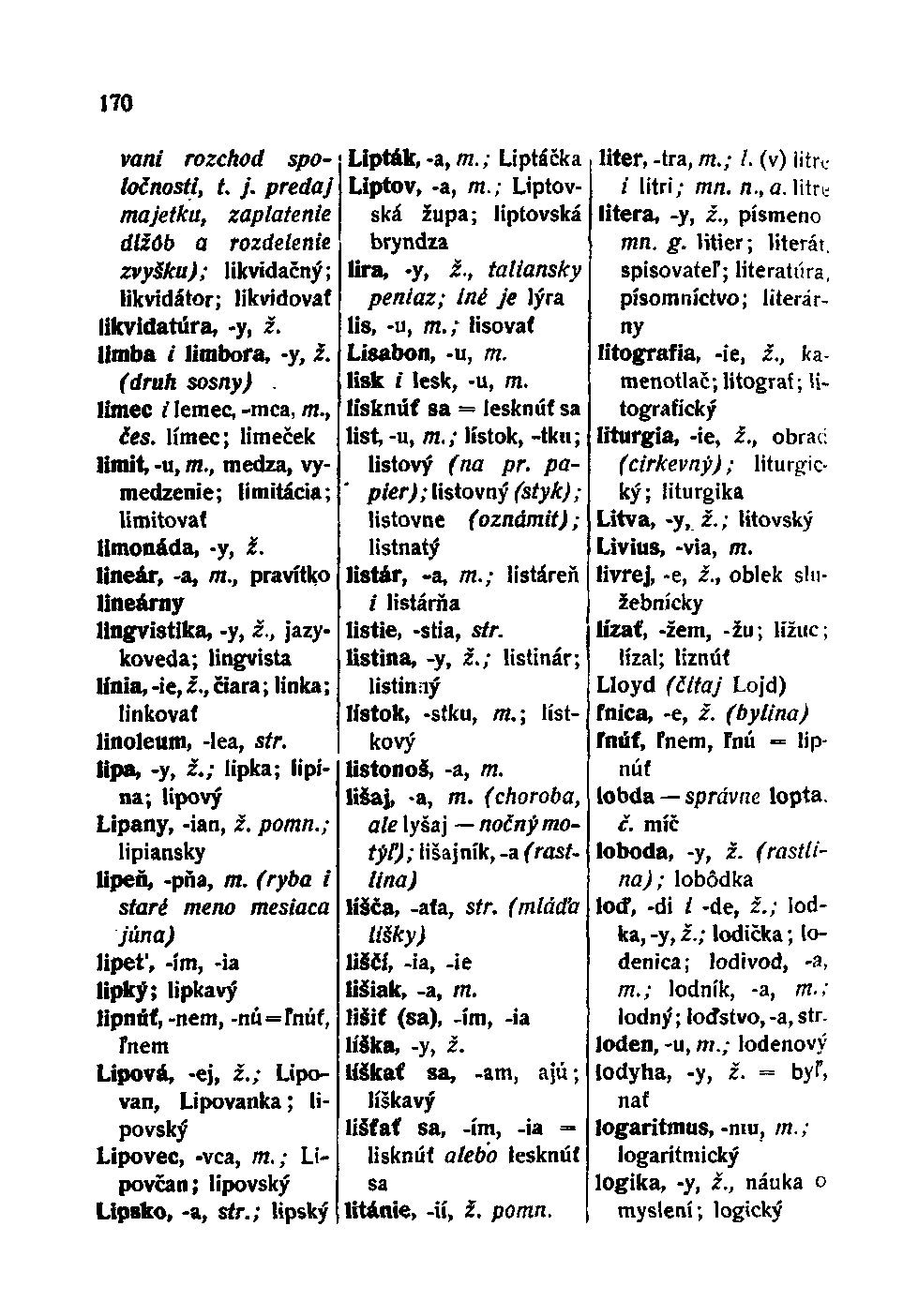 170 vani rozchod spoločnosti, t. j. predaj majetku, zaplatenie dlžôb a rozdelenie zvyšku); likvidačný; likvidátor; likvidovať likvidatúra, -y, ž. limba / limbora, -y, ž. (druh sosny).