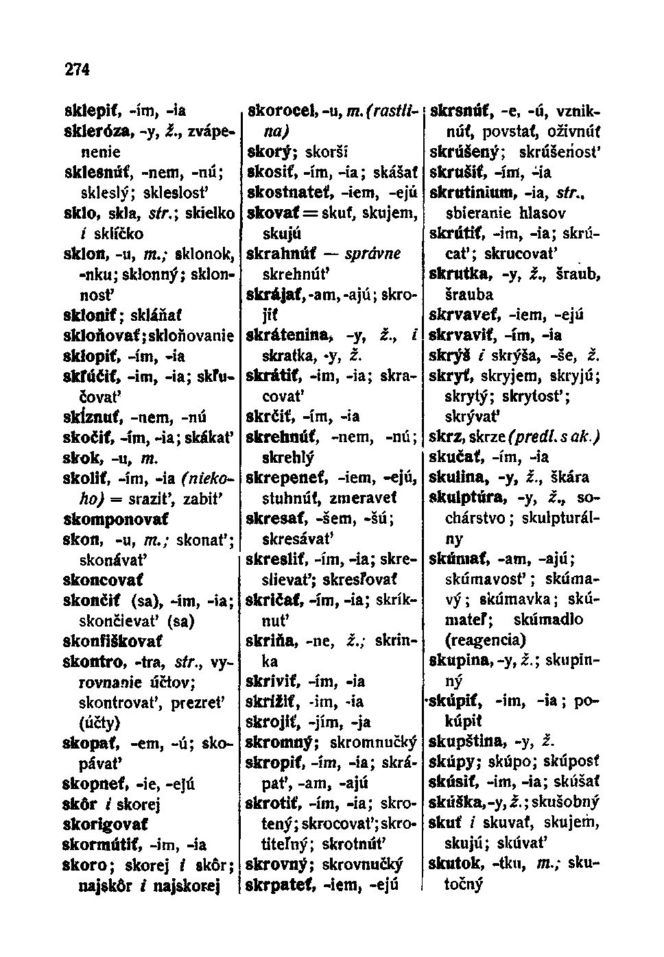 274 sklepiť, -ím, -ia skleróza, -y, i., zvápenenie sklesnut, -nem, -nú; skleslý; skleslosť sklo, skla, str.; skielko / sklíčko sklon, -u, rn.