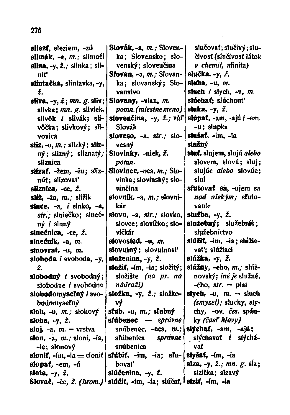 276 sliezť, sleziem, -zú slimák, -a, m.; slimačí slina, -y, ž.; slinka; slinit' slintačka, slintavka, -y, ž. sliva, -y, ž.; mn. g. slív; slivka; mn. g. sliviek, slivôk / slivák; slivôčka; slivkový; slivovica sliz,-u, m.