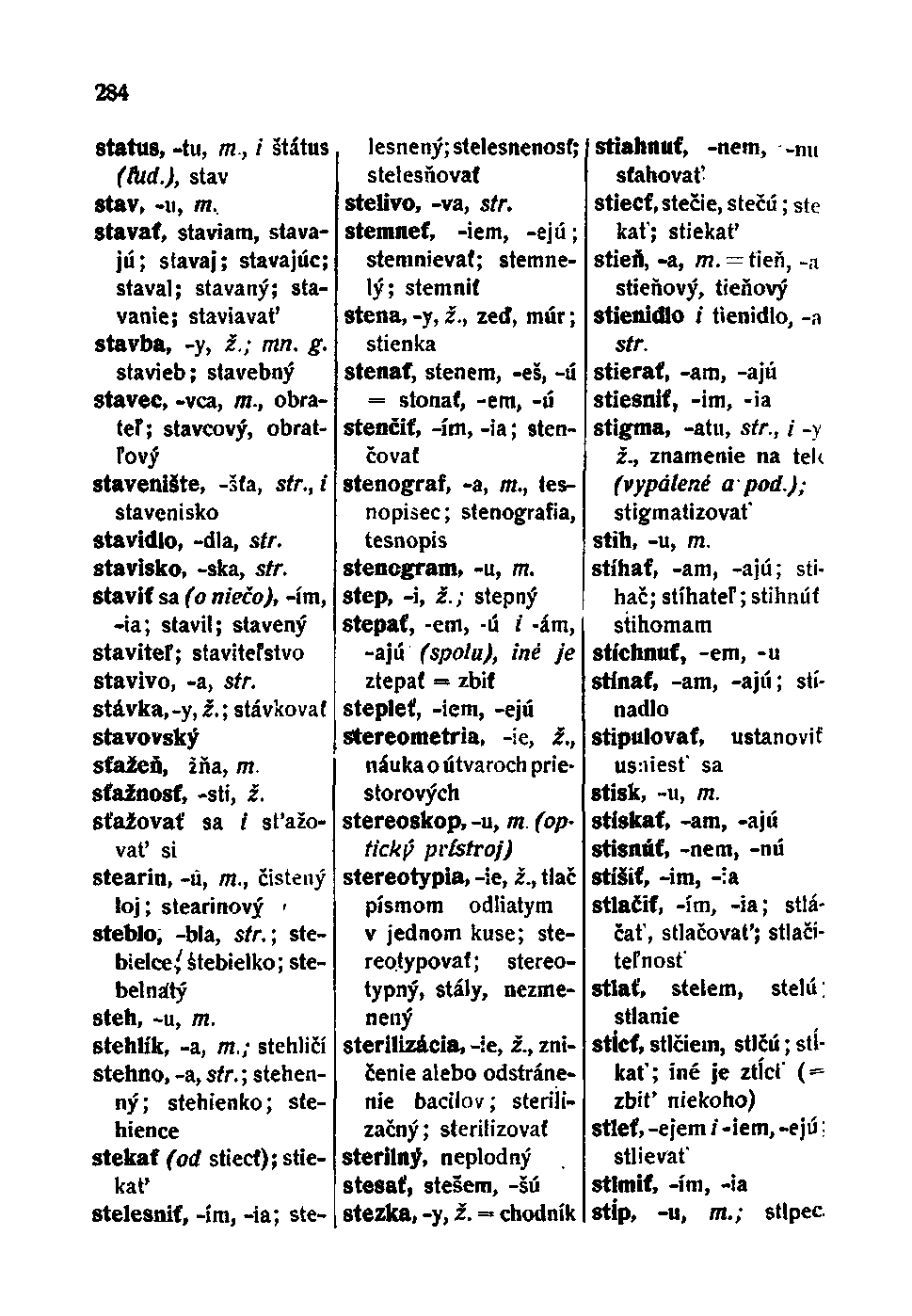 284 status, -tu, 77!, / štátus (ľud.), stav stav, -u, 771, stavať, staviam, stavajú; stavaj; stavajúc; staval; stavaný; stavanie; staviavať stavba, -y, ž.; mn. g. stavieb; stavebný stavec, -vca, TTí.