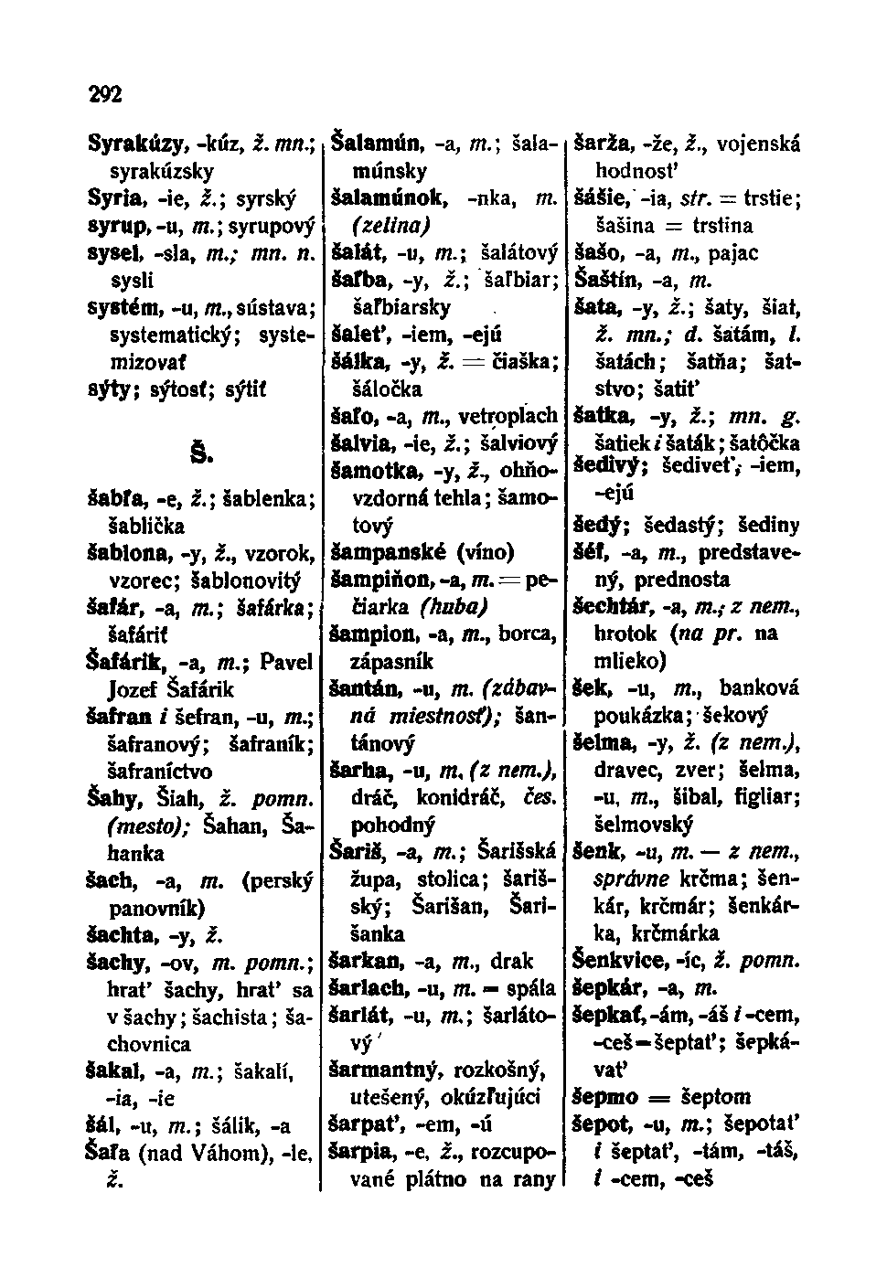 292 Syrakúzy, -kúz, ž. mn.; syrakúzsky Syria, -ie, ž.; syrský syrup, -u, m.; syrupový sysel, -sla, m.; mn. n. syslí systém, -u, m., sústava; systematický; systemizovať sýty; sýtosť; sýtiť Š.