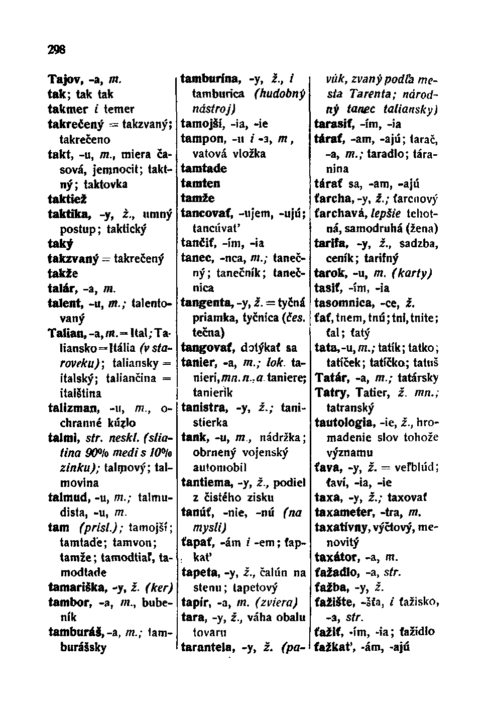 298 Tajov, -a, TTI. tak; tak tak takmer i temer takrečený = takzvaný; takrečeno takt, -u, TTí., miera časová, jemnocit; taktný; taktovka taktiež taktika, -y, ž.