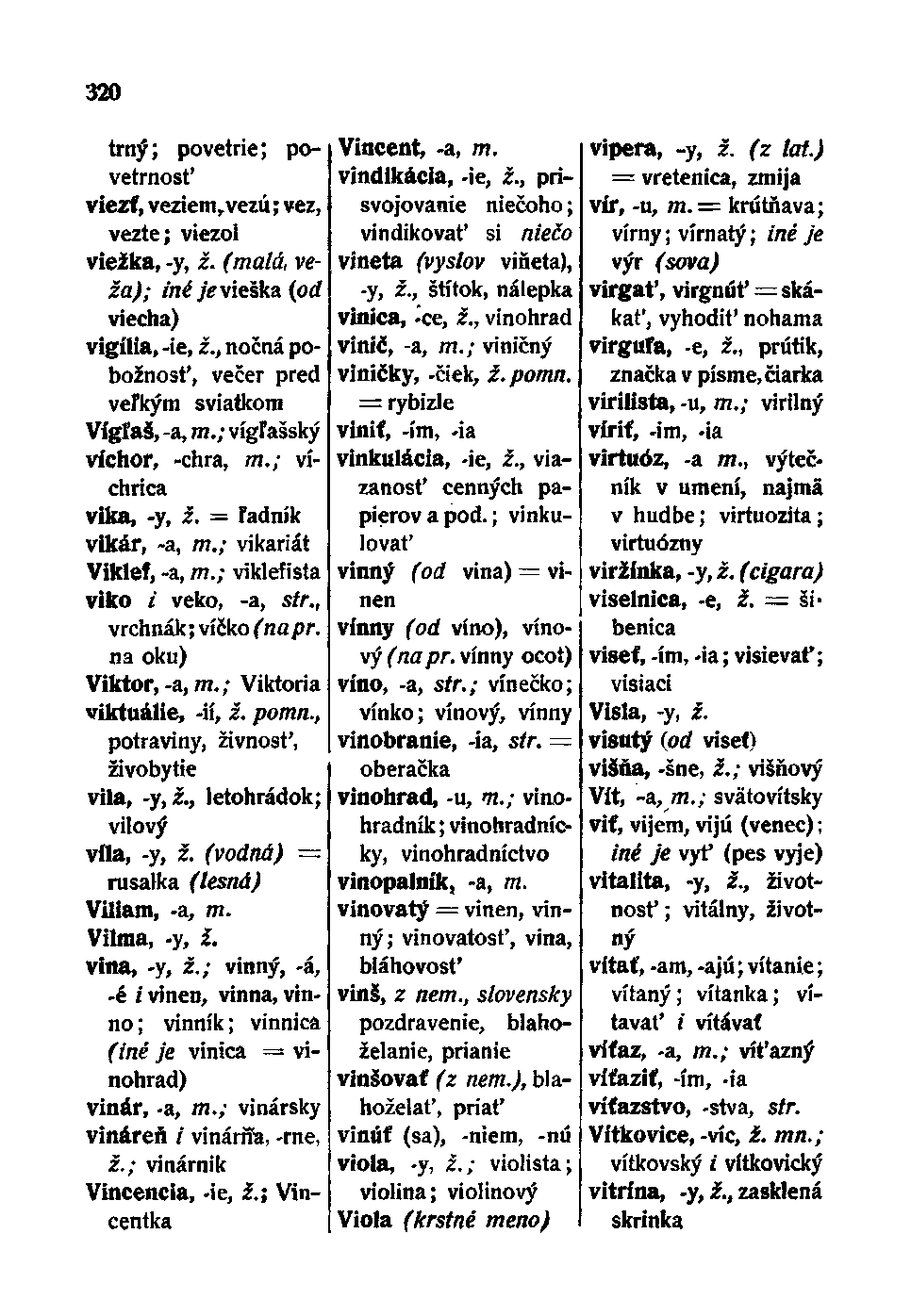 320 trny; povetrie; povetrnosť viezť, veziem, vezú; vez, vezte; viezol viežka, -y, ž. (malá, veža); iné je vieska (od viecha) vigília, -ie, ž.