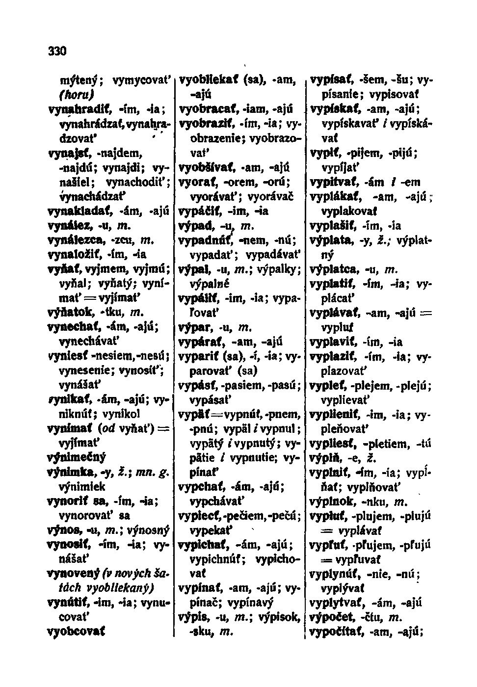 330 mýtený; vymycovať (horu) vynahradiť, -ím, -ia; vynahrádzat, vy nahradzovať vynájsť, -nájdem, -najdú; vynajdi; vynašiel ; vynachodiť; vynachádzať vynakladať, -ám, -ajú vynález, -u, m.