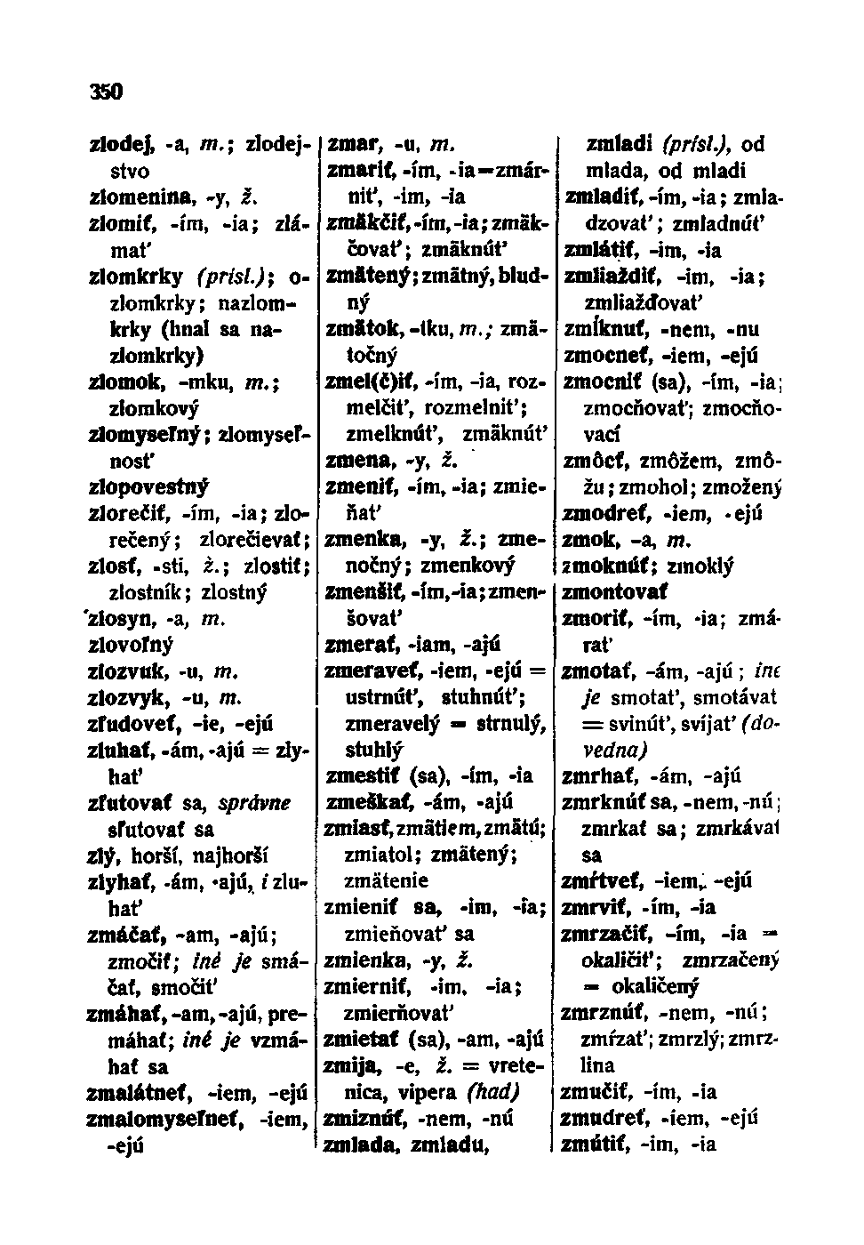 350 zlodej, -a, m.; zlodejstvo zlomenina, -y, ž. zlomiť, -ím, -ia; zlámat' zlomkrky (prisl); o- zlomkrky; nazlomkrky (hnal sa nazlomkrky) zlomok, -mku, m.