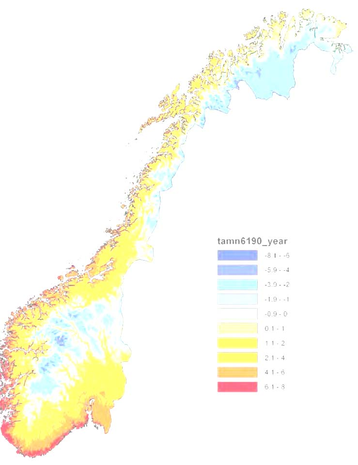 Klima i Norge 2100 Temperatur: årsmiddeltemperatur 2,3 til 4,6 C Nedbør: årsnedbør 5 til 30 % Snø: mindre snø i lavlandet, mer i høyfjell.