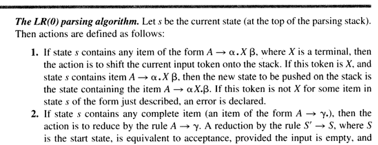 n (litt ruskete) formulering av LR(0)-kravet: Dersom dette gir en entydig algoritme er grammatikken LR(0): s er en DF-tilstand med flere item t, where s t