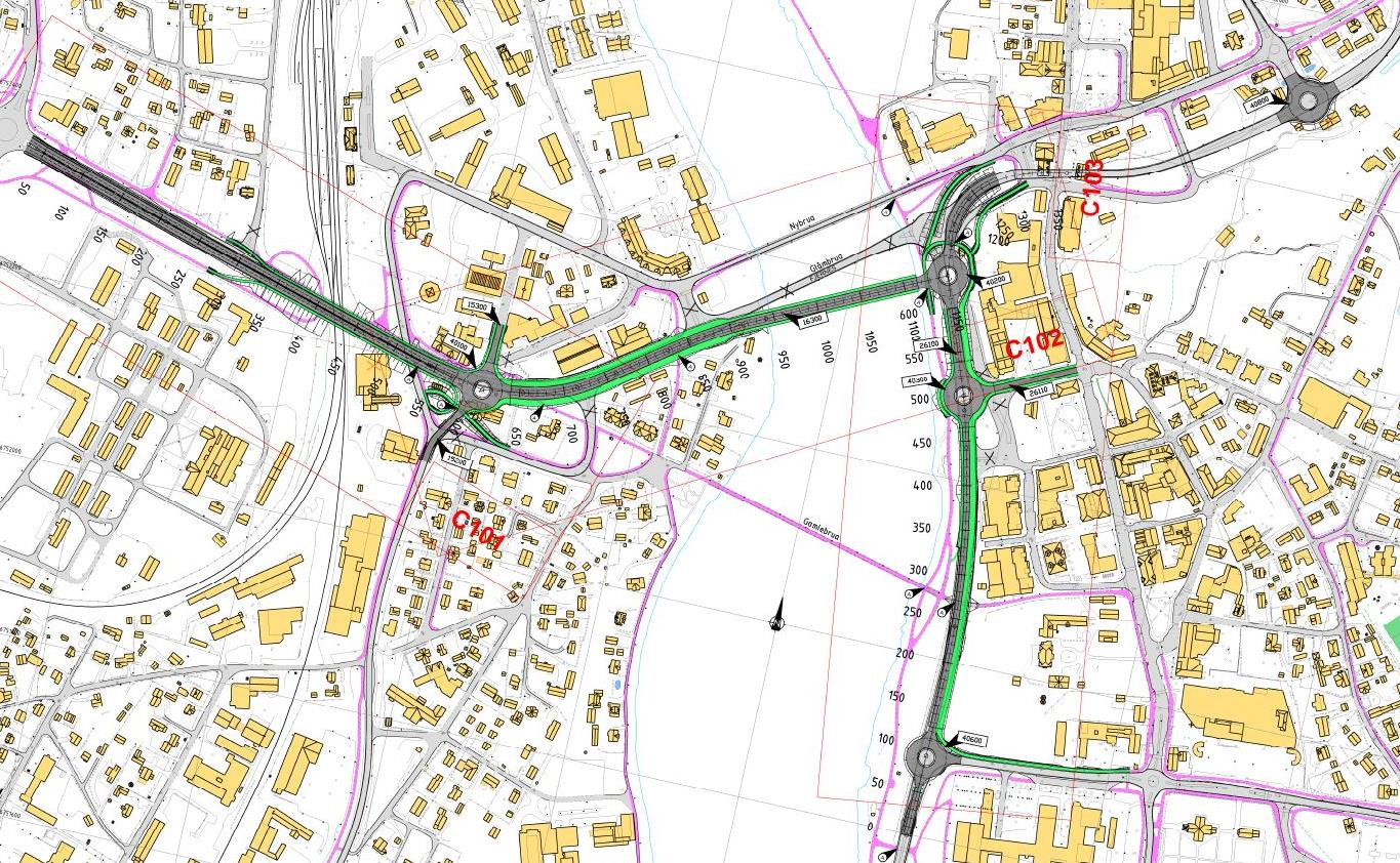 Temarapport prissatte konsekvenser 9 Figur 3 Oversiktskart alternativ 1 Det etableres firefeltsveg mellom Basthjørnet og ny rundkjøring på Vestad.