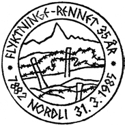 ? 1985 FLYKTNINGE-RENNET 35 ÅR NORDLI 31.1.1985 Reg brukt fra 30.3.1985 OGN til 31.3.1985 TK Stempel nr.