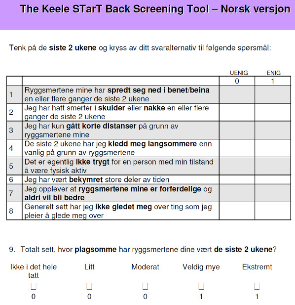 Komorbiditet Funksjon Smerte katastrofering Angst/depresjon Prognostisk screening (forts) Hill et al 2011 RCT: stratifisering til tre ulike grader av behandling versus ikkestratifisert current best