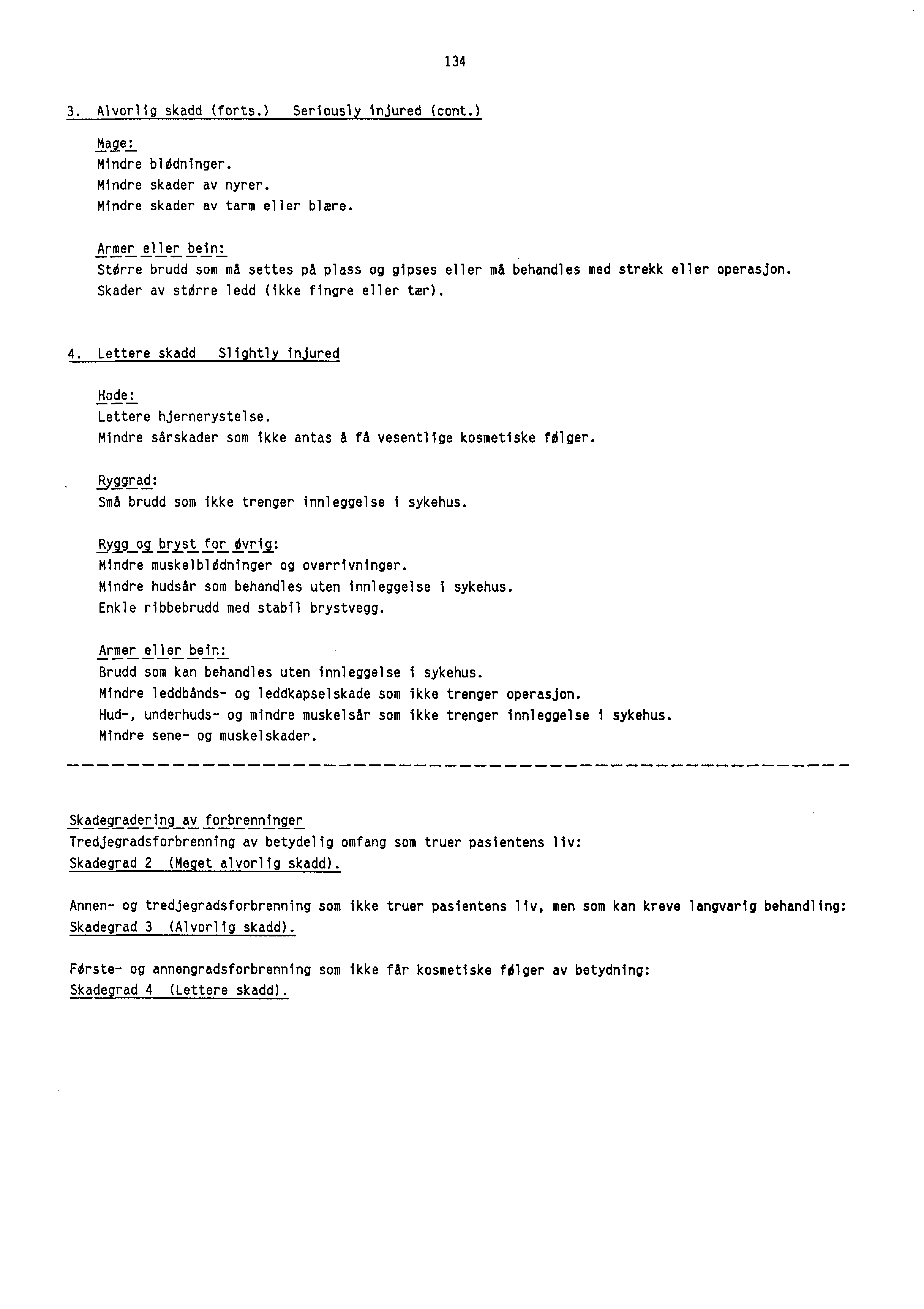 134 3. Alvorlig skadd (forts.) Seriously injured (cont.) Male: Mindre blddninger. Mindre skader av nyrer. Mindre skader av tarm eller blare.