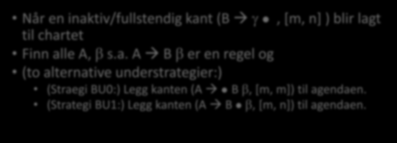 Bottom-up Legg de aktive kantene (B γ, [k,k]) som er nødvendige, til agendaen Når en inaktiv/fullstendig kant (B γ, [m, n] ) blir lagt til chartet Finn alle A, β s.a. A B β er en regel og (to alternative understrategier:) (Straegi BU0:) Legg kanten (A B β, [m, m]) til agendaen.
