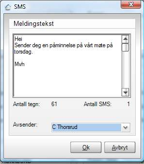 0 er det mulig å sende SMS til dine kontakter eller medarbeidere direkte fra programmet.