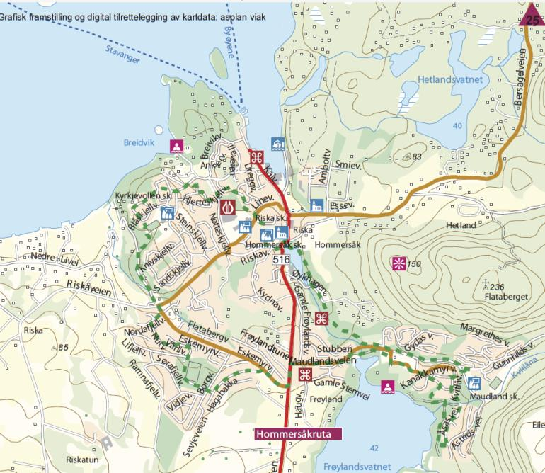 2.3.3 Gående og syklende Sykkelkart over Hommersåk fra, Statens vegvesen, viser Hommersåkruta fra Sandnes Sentrum og til Hommersåk kai.