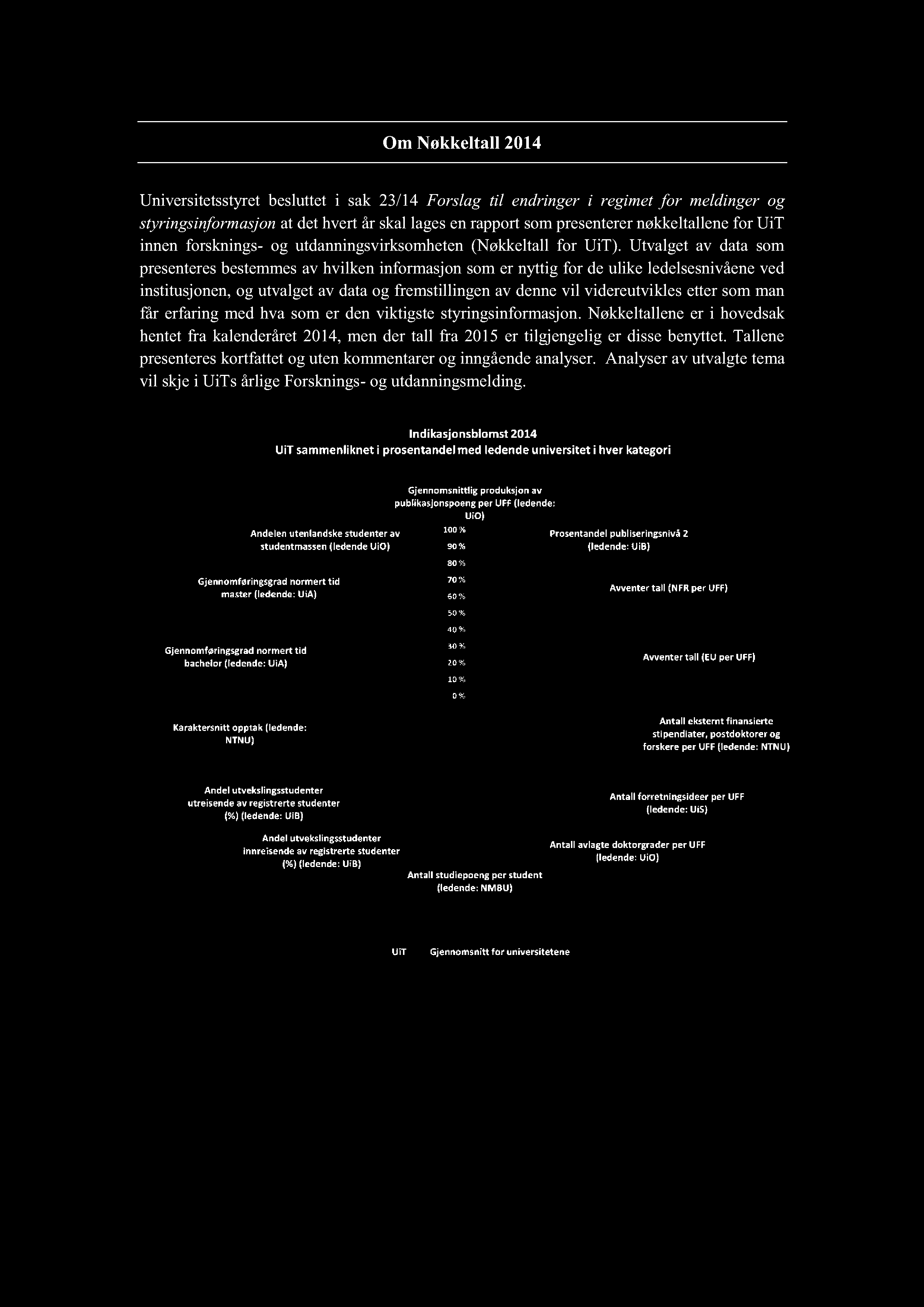 Om Nøkkeltall 2014 Universitetsstyret besluttet i sak 23/14 Forslag til endringer i regimet for meldinger og styringsinformasjon at det hvert år skal lages en rapport som presenterer nøkkeltallene