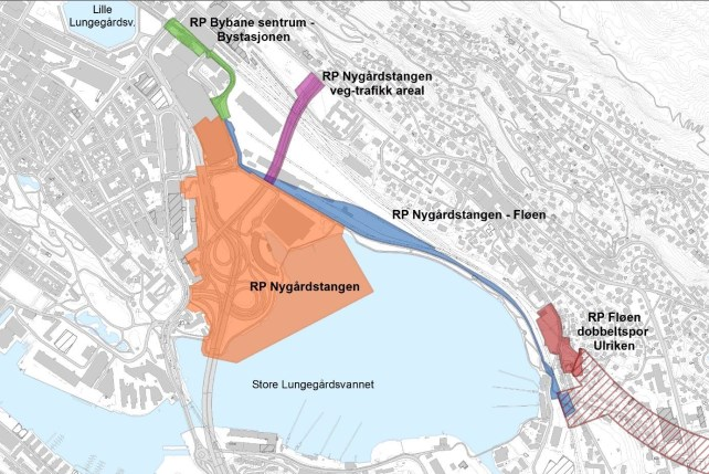 Planforslaget berører og dels erstatter flere gjeldende reguleringsplaner Planforslaget berører flere gjeldende og pågående planer, se figur 3: Del av området Nygårdstangen Fløen, arealplan-id