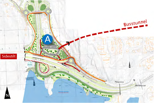 3 Terminal B: ved Olsvik krysset (videreført) Terminal B er tilpasset «Dagens» vest for Storavatnet (kap. 2.2), men er også aktuell med «Høyrestilt».