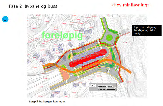 Forkastet variant C4 (Beholde Kjøkkelvikvegen, høy sekketerminal løsning med bybane) Variant C4 er et innspill fra Bergen kommune, og er en sekketerminal vist med plass til 8 samtidige busser.