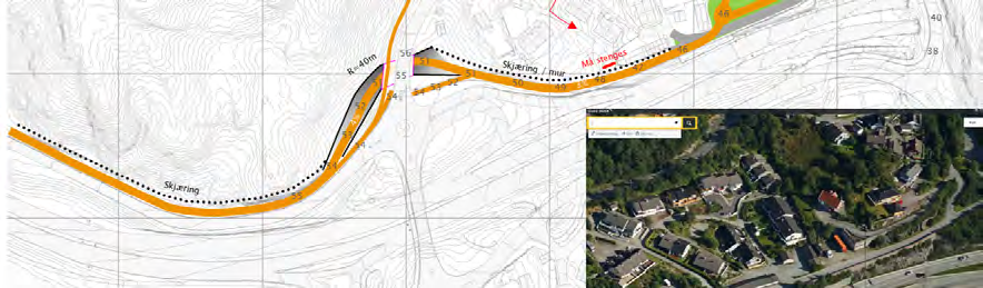 4 Hovedsykkelrute ved terminalplassering B (illustrasjonen viser her ikke løsning for buss, se kap 7.) Påhugg for sykkeltunnel ved Gml.