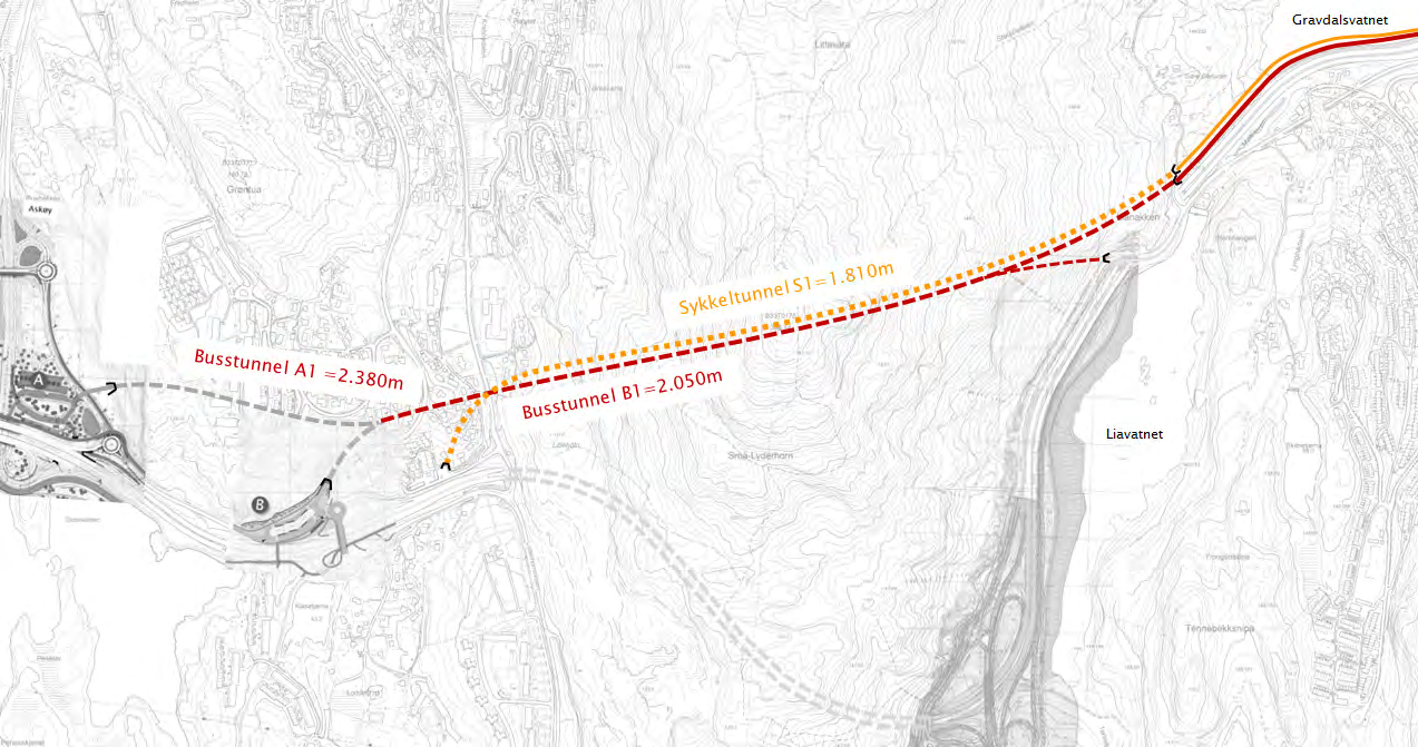 5.3 Tunnelalternativ A1/B1/S1 retning mot Gravdalsvatnet Busstunnel og sykkeltunnel i retning Gravdalsvatnet Alternativ A1/B1/S1 er en buss og sykkeltunnel som peker mest mulig direkte mot sentrum og