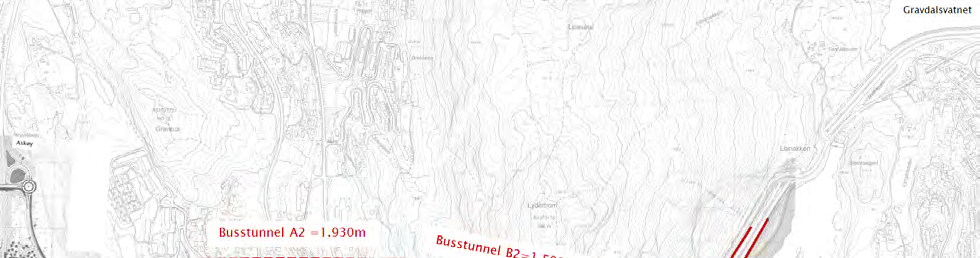 5.4 Tunnelalternativ A2/B2/S2 retning mot Liavatnet Busstunnel og sykkeltunnel i retning Liavatnet, med tilknytning til hovedveg Alternativ A2/B2/S2 er en buss og sykkeltunnel som peker rett øst mot